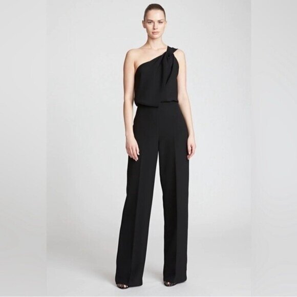 Halston One-Shoulder Tess Stretch Crepe Jumpsuit Sz 0 Minimalist Black Wide Leg - Picture 1 of 9